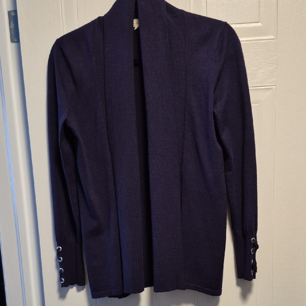 POINTELLE NAVY BLUE OPEN FRONT SWEATER, GENEROUS SM. CASUAL OR BUSINESS.